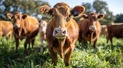 Fototapeta premium Cattle ranch with RFID tags for livestock management