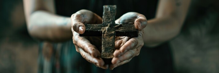 Hands Holding Wooden Cross, Rustic Faith Symbol