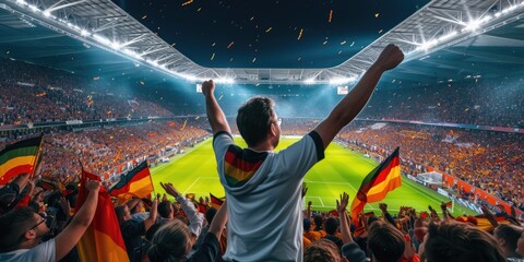 A fan at a world competition event raises his arms in the air, enjoying the fun and energy of the...