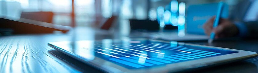 Business meeting in progress with focus on a digital tablet, background soft