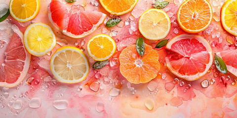 Fresh Citrus Slices on Watercolor Background with Water Droplets for Vibrant and Refreshing Fruity Concept Artwork