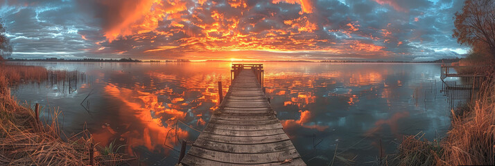 Sunset over the lake with pier and cloudy sky.sunset on the lake.small dock in lake at sunset