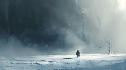 A solitary figure braves the cold as they trek through a winter wonderland, surrounded by untouched snow.
