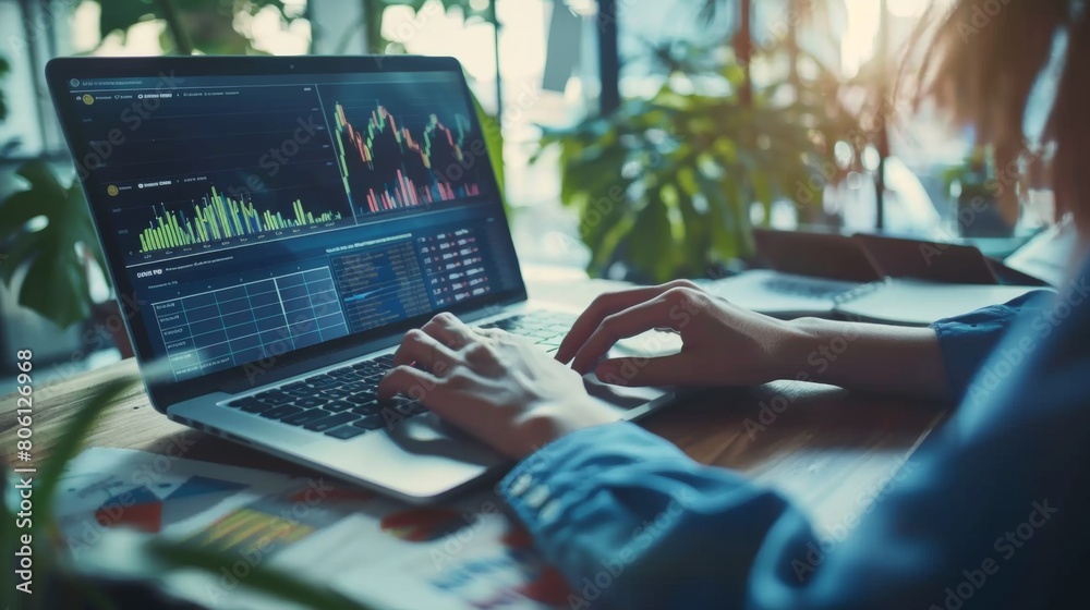 Poster A financial planner analyzing data on a laptop, surrounded by charts and graphs, strategizing for future financial endeavors.