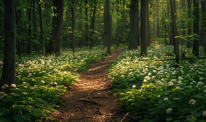 A straight trail through a young forest