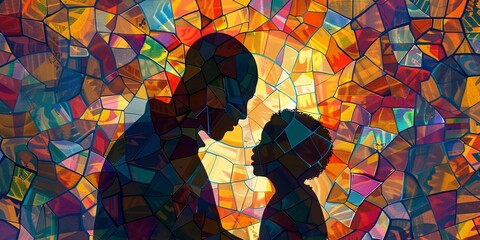 Father and child silhouettes made in abstract mosaic