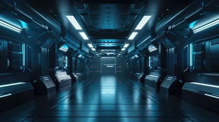 Dark garage or corridor background, empty futuristic room with led light, interior of modern hall in future. Concept of spaceship, warehouse, studio, game