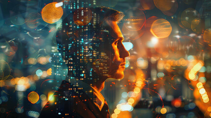 Portrait of young business man on city lights background, thinking person and abstract blurred buildings at night. Concept of multiple, future, people, office and success
