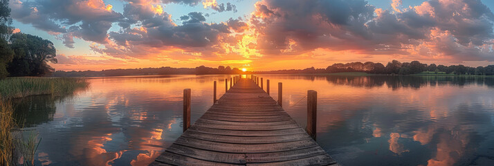 Sunset over the lake with pier and cloudy sky.sunset on the lake