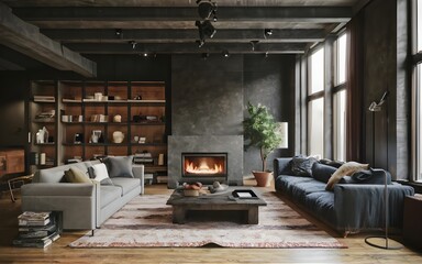 Obraz premium Dark living room loft with fireplace, industrial style., photo, cozy ambient, stock photos, best selling, ai generative, viral 