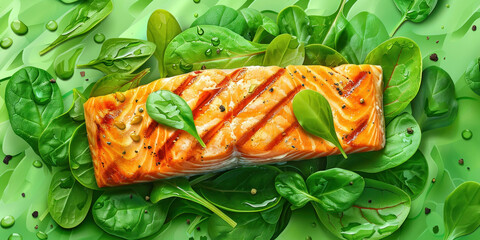 Grilled salmon fillet served with fresh spinach on a vibrant green background, healthy and delicious seafood dish concept