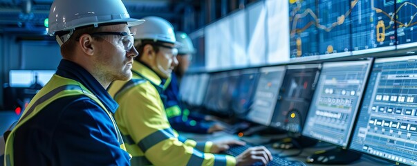 Workers in a control room monitoring solar energy grids