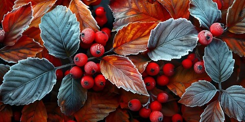 Frosty autumn leaves with vibrant red berries