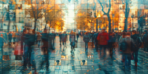 Fototapeta premium Blurred urban scene people walking on street in front of glass building wall, city life concept