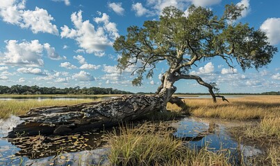 A fallen live oak in a transition zone between brackish marsh and open sound