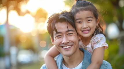 Fototapeta premium Cheerful Asian dad lifting his daughter in a piggyback ride, both beaming at the camera