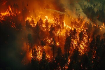 A forest fire spreading through a wooded area, with flames engulfing trees and vegetation, while columns of smoke rise into the sky view from above.