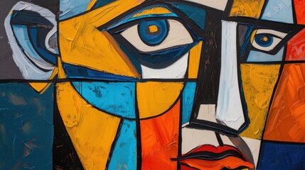 An abstract portrait of middle aged people with wrinkle on face in cubism art. Close up fashionable old man with vibrant color and artistic creative geometric shape. Focus on face concept. AIG42.