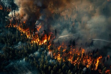 Aerial view of a wildfire spreading across a forested landscape, with flames consuming trees and vegetation. Plumes of smoke rising into the air.