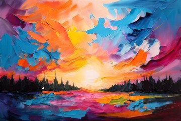 Liquid watercolor painting of a sunset
