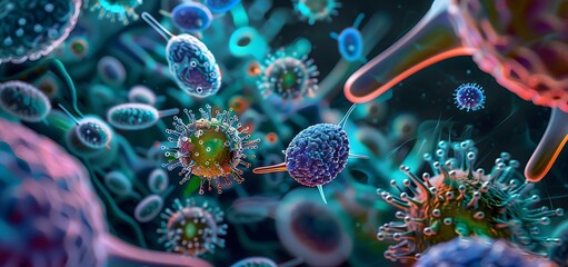 Microscopic highly detailed images showing various bacteria and viruses