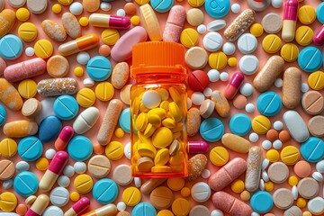 A top down view of an opened orange pill bottle, with a variety of colorful prescription pills and health supplements scattered on a table