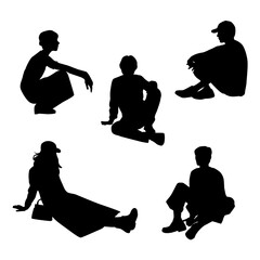 Vector silhouettes of  men and a women, a group of sitting   business people, profile, black  color isolated on white background