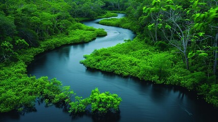 Fototapeta premium Craft an image of a tranquil river winding through lush greenery