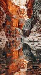 Red rock cliff reflection on water