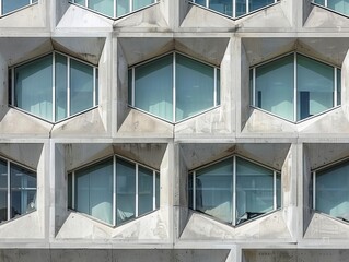 Detailed shot of a building facade with repeating geometric window patterns, minimalistic urban design
