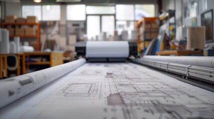 Draw technical drawings with this wide banner featuring a professional large format plotter that works in engineering offices. 