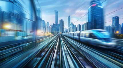 A futuristic city skyline with high-speed trains crisscrossing above, illustrating the integration of rail transport into urban environments. - obrazy, fototapety, plakaty
