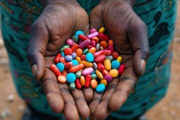 Hands holding a colorful assortment of pills