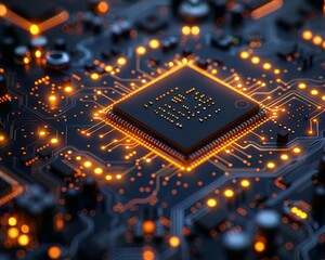 Macro shot of a silicon chip inside a computer, emphasizing the intricate patterns of tech components