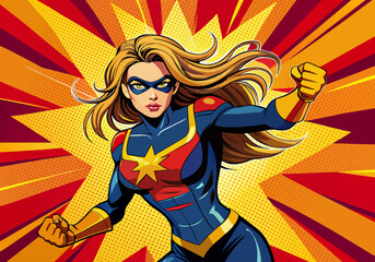 Pop art comic book style super heroine punching with female superhero costume poster design wall decoration illustration