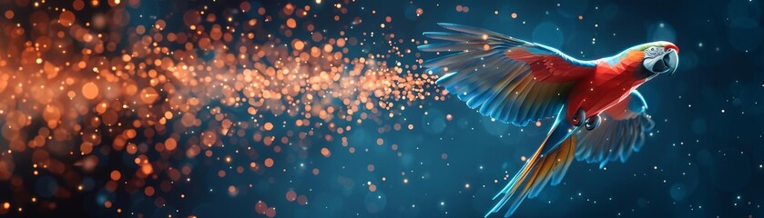 Low poly parrot flying amidst a virtual world of streaming data, symbolizing the fusion of digitization and communication
