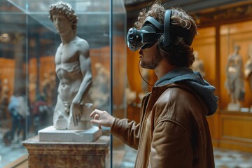 Man with VR headset admiring classical sculpture