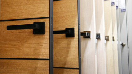 The samples of various wooden doors in the exhibition area of a store