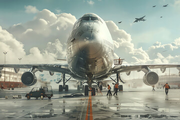 Capture the juxtaposition of past and future by merging aviation milestones with a dystopian setting in a frontal view Use unexpected camera angles to create a surreal atmosphere t