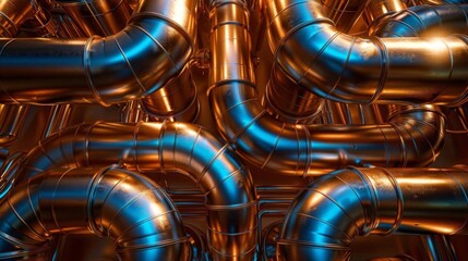 A detailed illustration of a complex network of copper pipes intertwined and overlapping in a mesmerizing pattern
