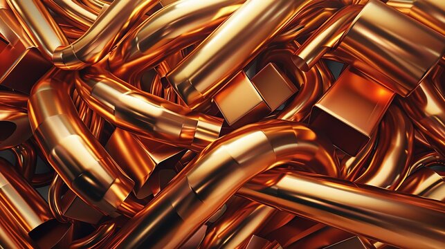A detailed illustration of a complex network of copper pipes intertwined and overlapping in a mesmerizing pattern