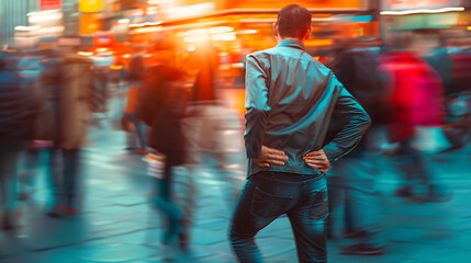 Male suffering from severe backpain busy city street motion blur