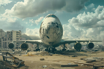 Capture the juxtaposition of past and future by merging aviation milestones with a dystopian setting in a frontal view Use unexpected camera angles to create a surreal atmosphere t