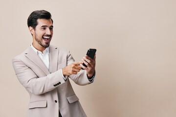 man phone portrait suit smartphone happy businessman call smile hold business