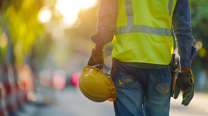 Hard hat close up in the hand of worker. Road construction background