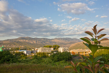 Landscape with mountains. Picturesque Croatian mountains in the rays of the evening sun.