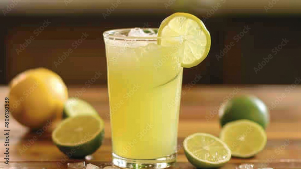 Poster a glass of freshly squeezed lemon-limeade garnished with lemon and lime slices, offering a zesty and