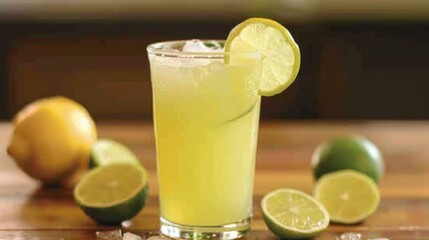 Fototapeta premium A glass of freshly squeezed lemon-limeade garnished with lemon and lime slices, offering a zesty and thirst-quenching beverage option.