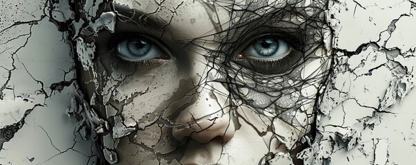 Abstract female face. Human like woman with web and cracks in features.