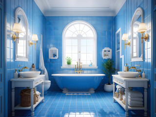 Coastal Breeze Bathroom: Fresh & Spacious with Blue Accents.  Relaxing Blue Bathroom with White Tile Serenity. generative AI